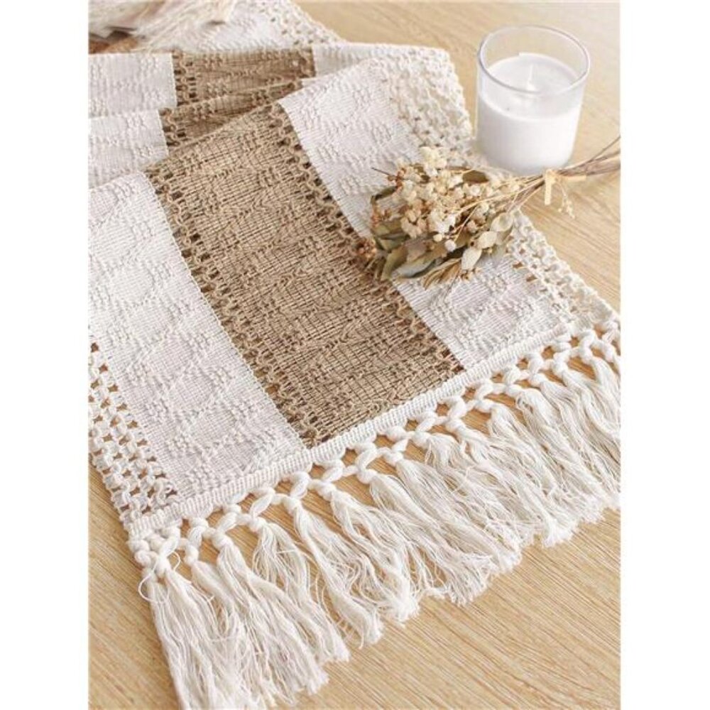 Cream & Brown Macrame Table Runner With Tassels Rustic Bohemian